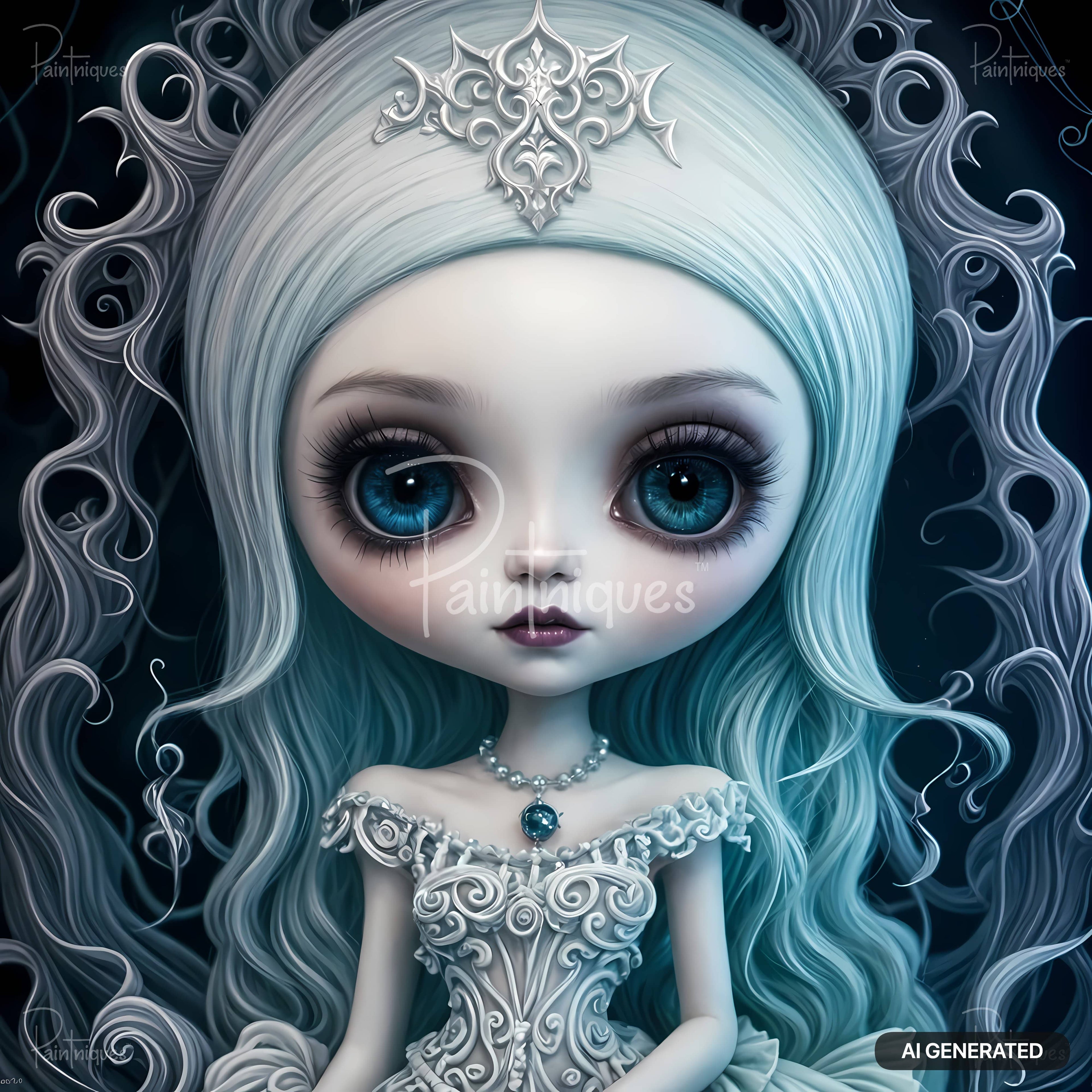 A wide-eyed doll with light blue hair, a silver crown, pearl necklace, and an ornate, silver dress.