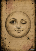 Illustration of a winking moon with one eye open, centered on a textured beige background with dark specks.