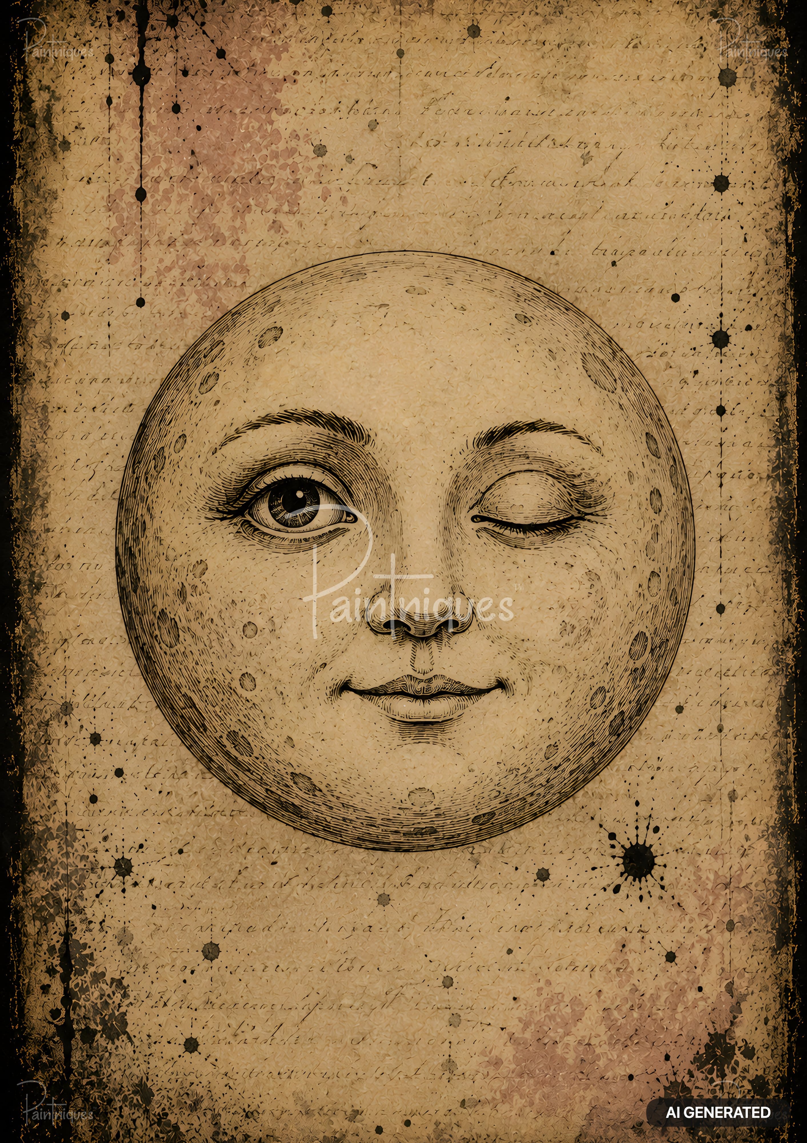 Illustration of a winking moon with one eye open, centered on a textured beige background with dark specks.