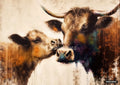 Mixed media painting of a large horned cow and a calf nuzzling, with textured brushstrokes and colorful accents.