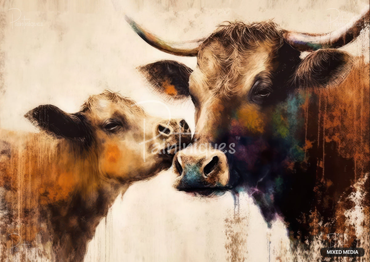 Mixed media painting of a large horned cow and a calf nuzzling, with textured brushstrokes and colorful accents.
