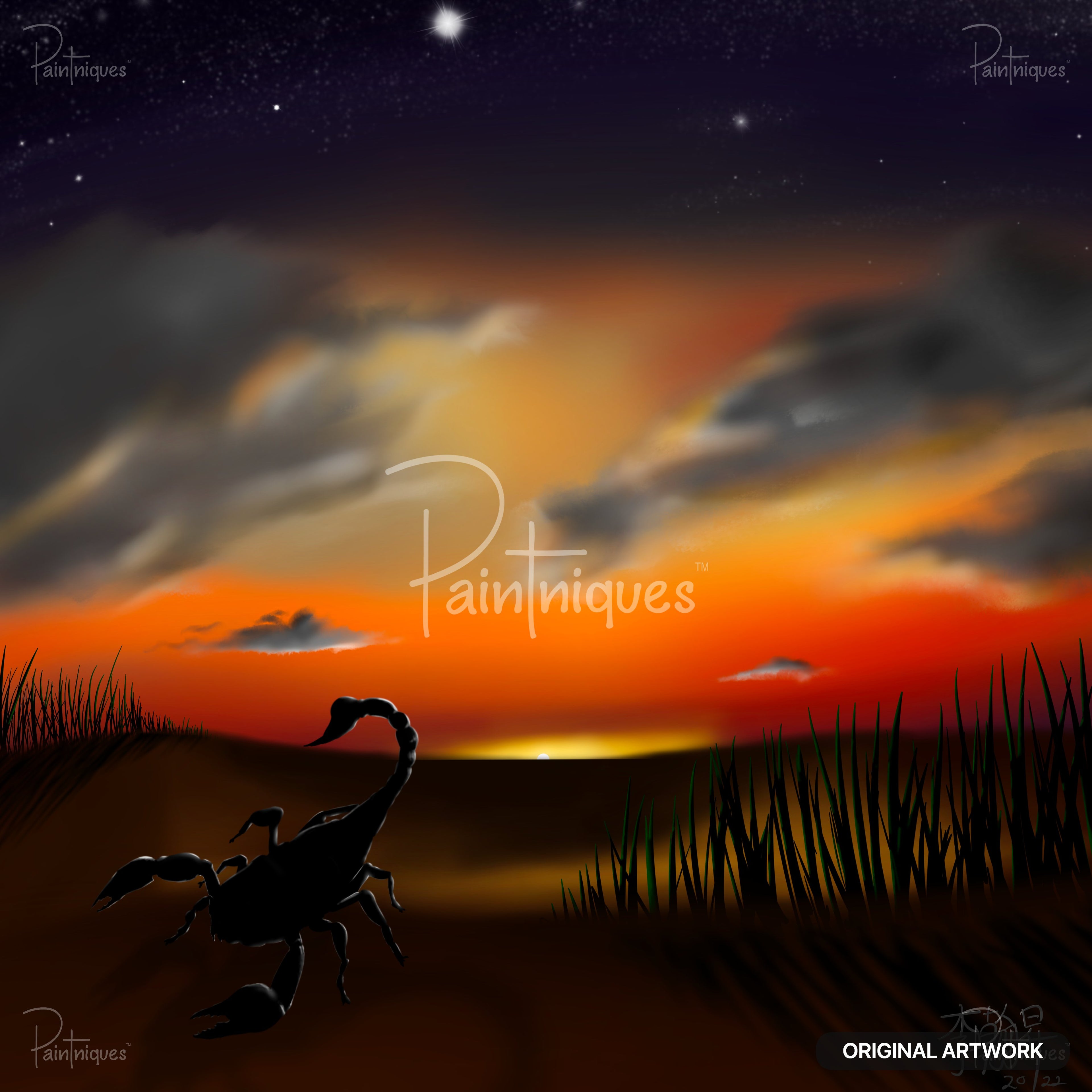 Digital art of a scorpion silhouetted against a vibrant sunset over sand dunes and sparse grass.
