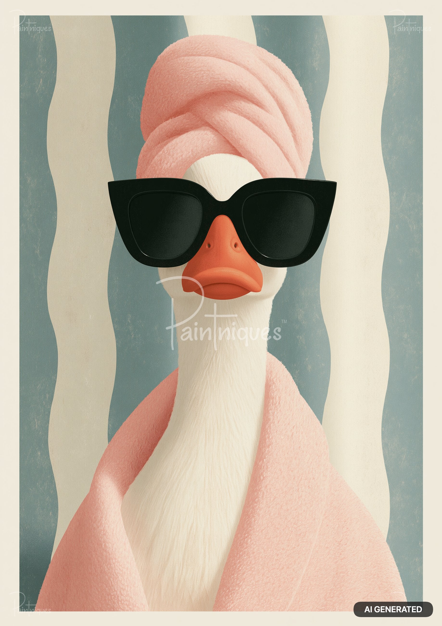Close-up of a white duck wearing large black sunglasses, a pink head towel, and a pink bath wrap.