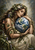 A woman with long, flowing hair and ivy on her head, cradles the Earth globe. A butterfly rests on her arm.