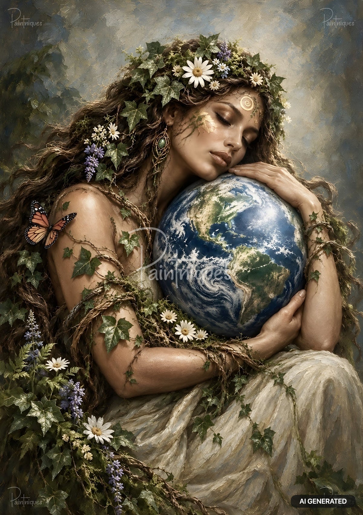 A woman with long, flowing hair and ivy on her head, cradles the Earth globe. A butterfly rests on her arm.