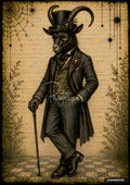Victorian-suited black goat with curved horns and top hat, holding a cane, against a parchment background with webs.