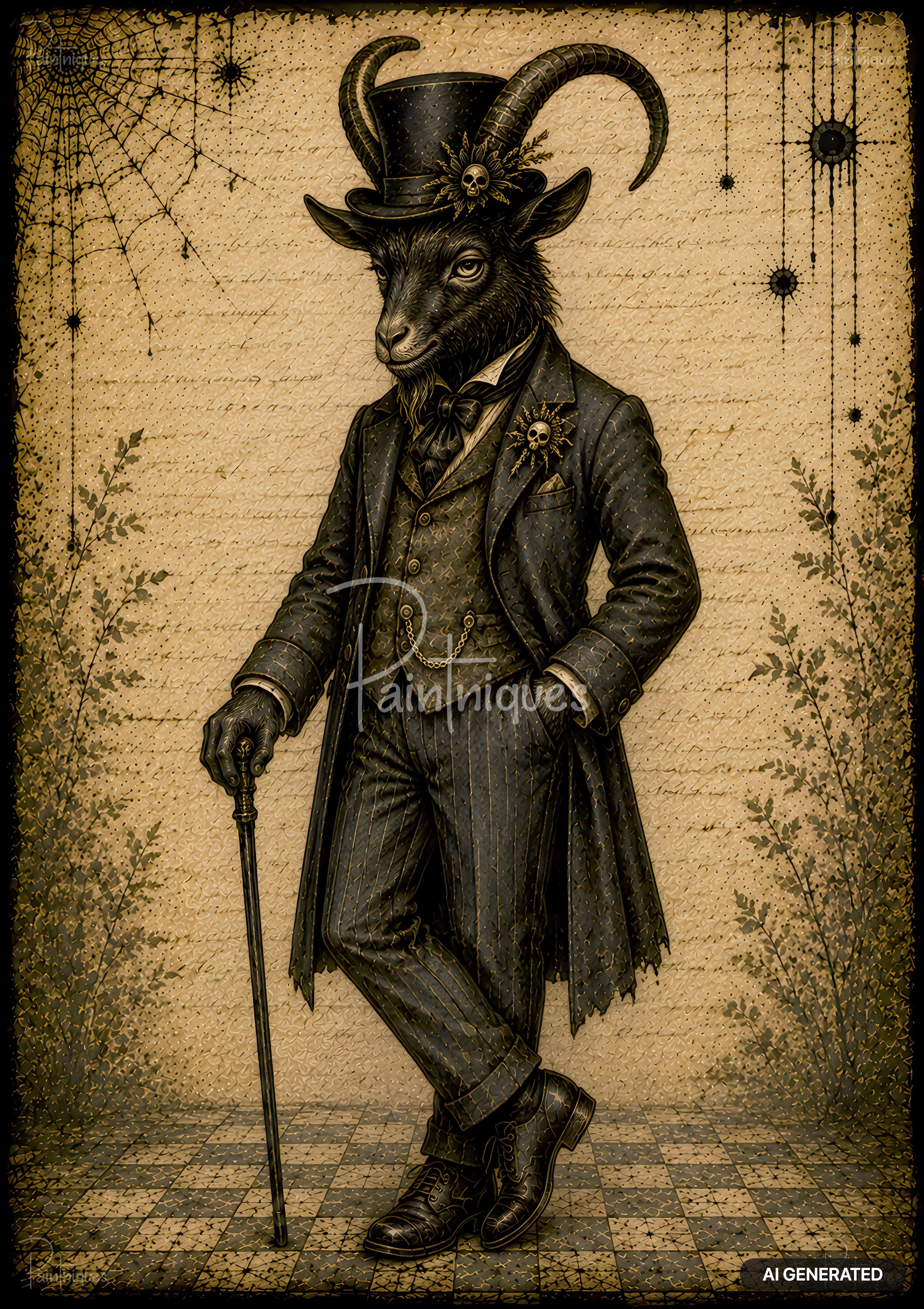 Victorian-suited black goat with curved horns and top hat, holding a cane, against a parchment background with webs.