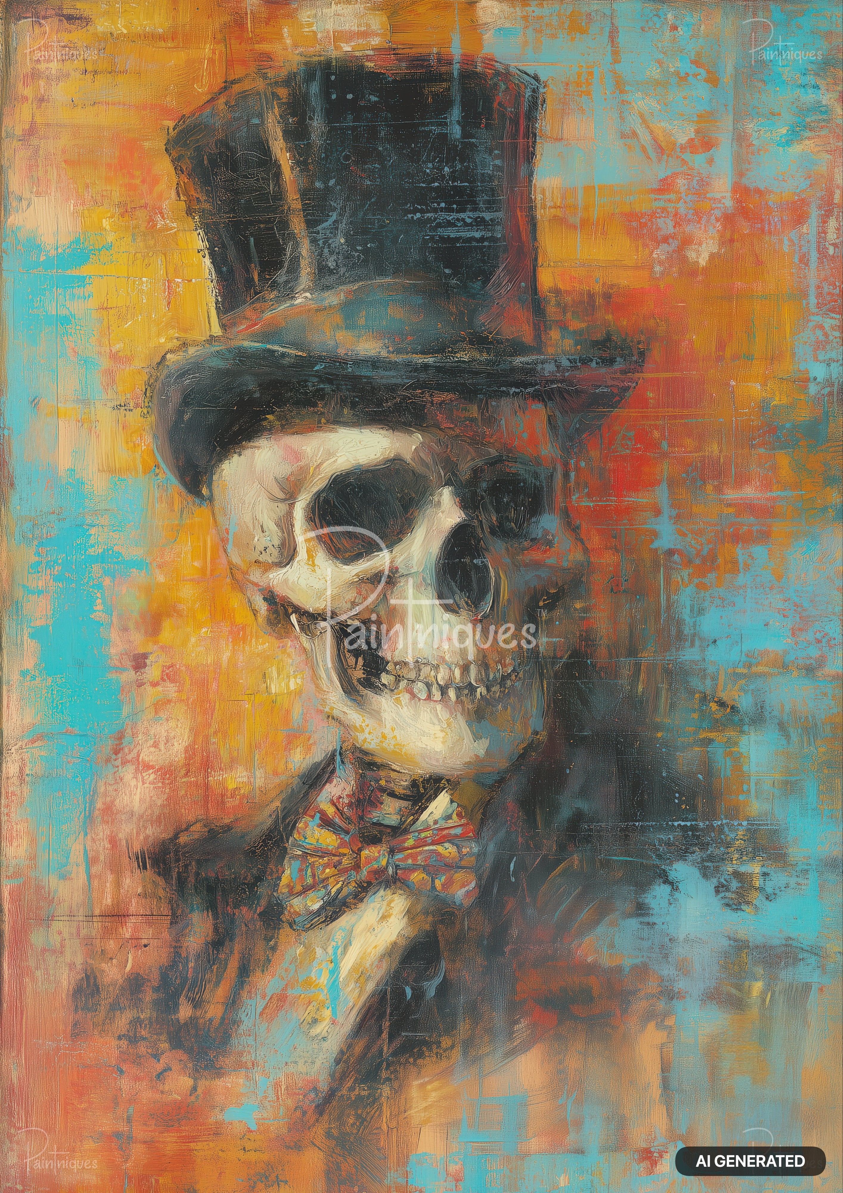 Acrylic painting of a skull in a black top hat, suit, and colorful bow tie against an orange and teal background.