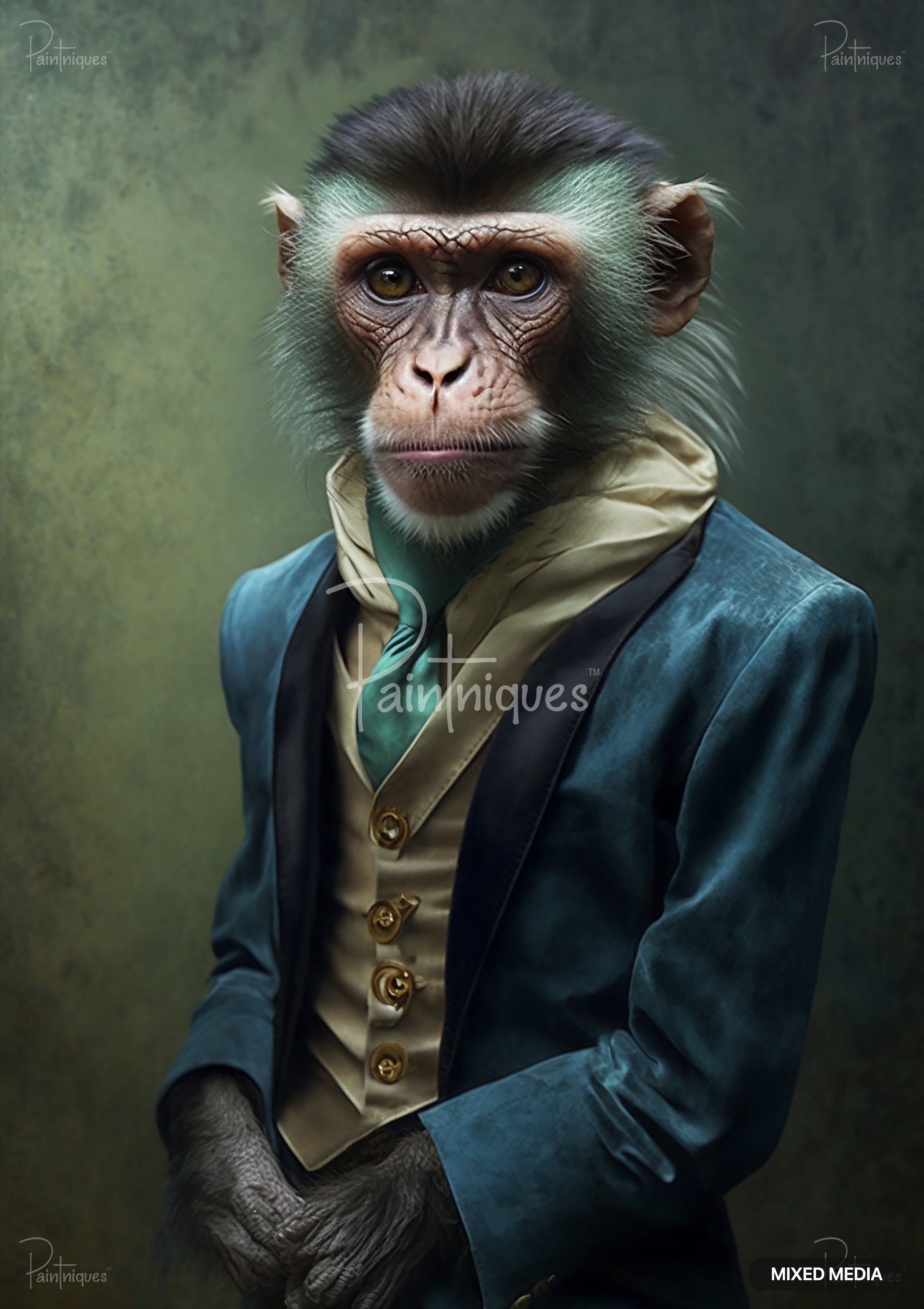A monkey in a teal velvet blazer, a tan ascot and vest with three gold buttons. Green fur around its face.