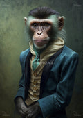 Monkey in teal velvet jacket and cream waistcoat with gold buttons, teal scarf, hands folded, mottled green background