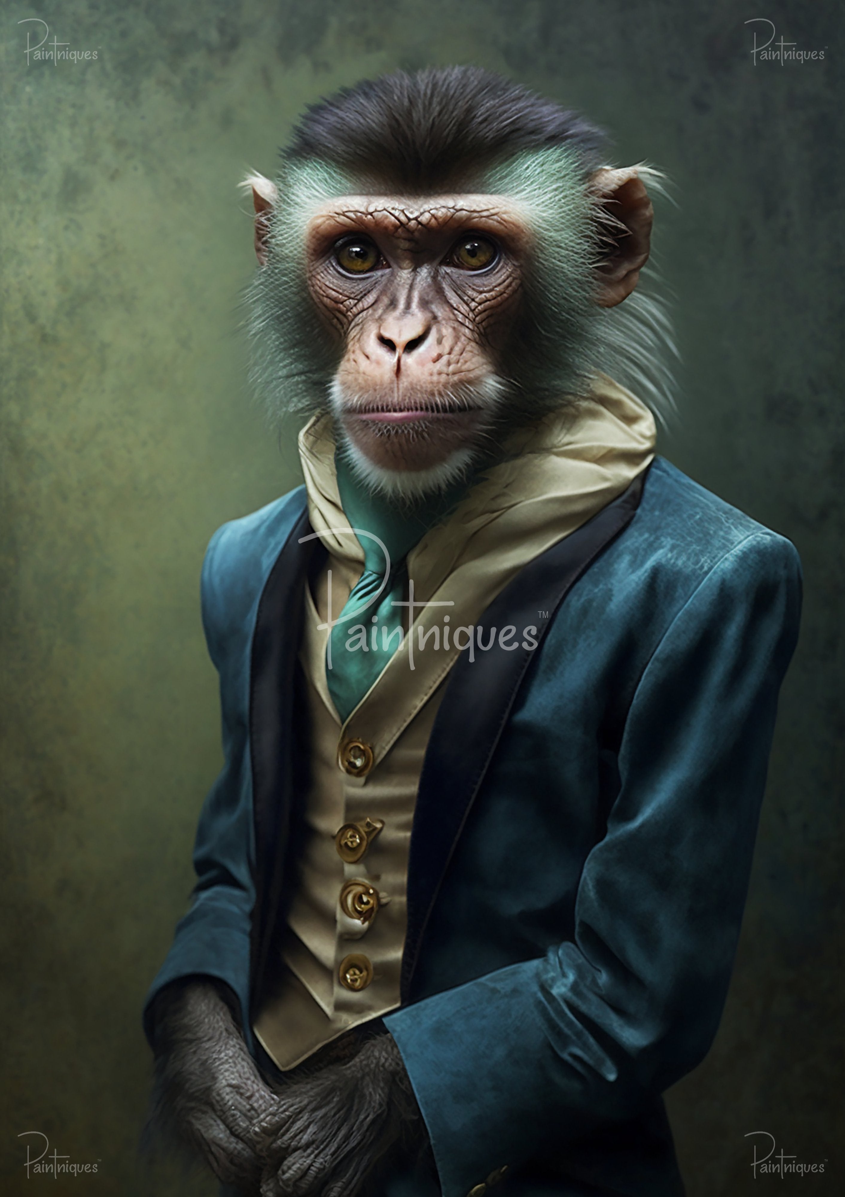 Monkey in teal velvet jacket and cream waistcoat with gold buttons, teal scarf, hands folded, mottled green background