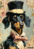 Oil painting of a black and tan dachshund in a black top hat with a yellow band and a pink bow tie.