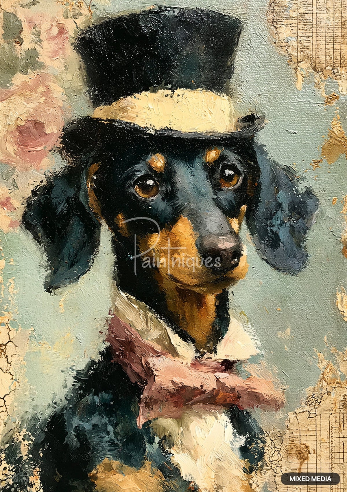 Oil painting of a black and tan dachshund in a black top hat with a yellow band and a pink bow tie.