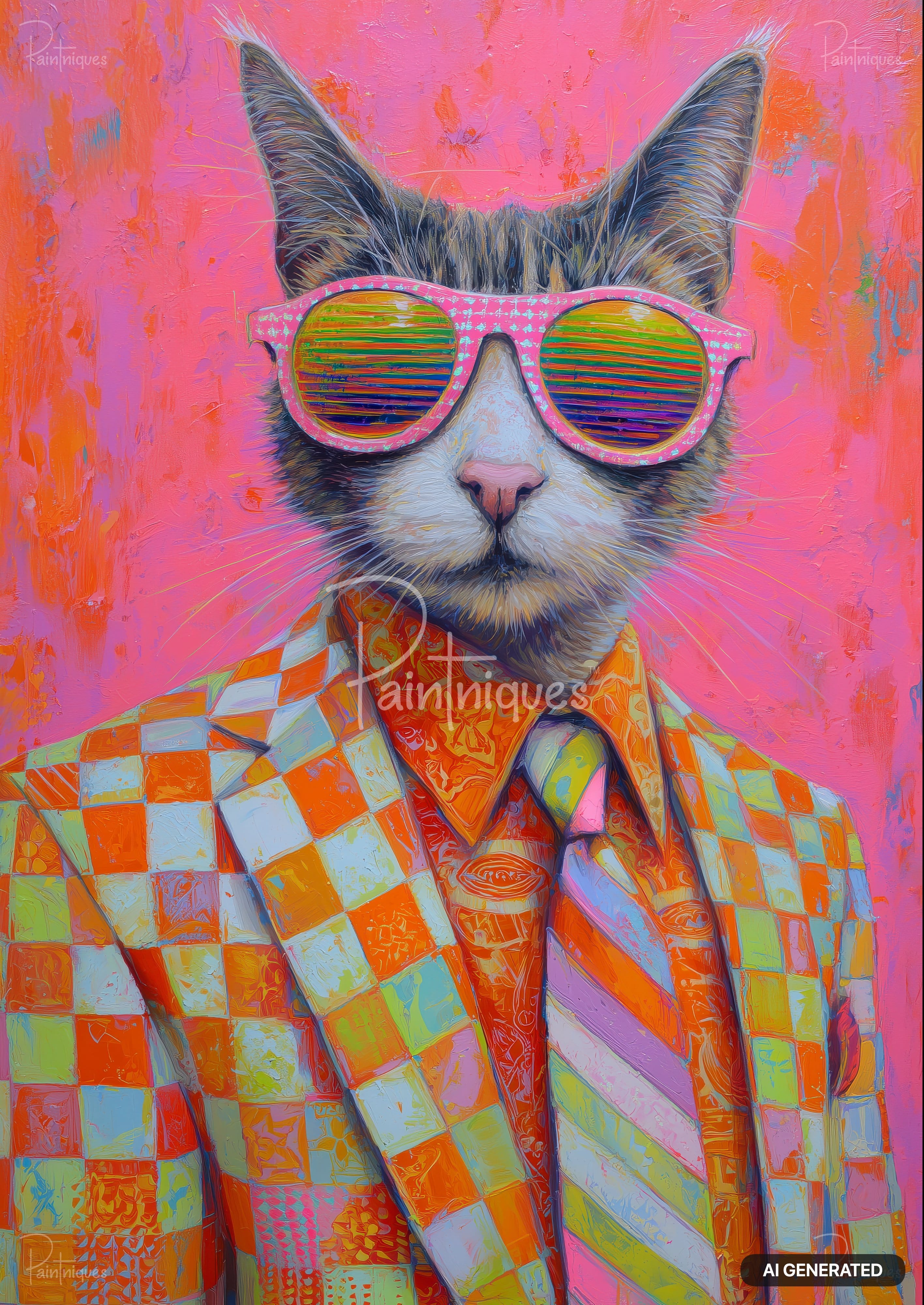 Pop-art cat wearing pink sunglasses, an orange and aqua checkered suit jacket, and a striped tie.