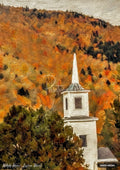 Painting of a white church steeple peeking through green trees, set against a hill covered in bright orange and brown autumn foliage.