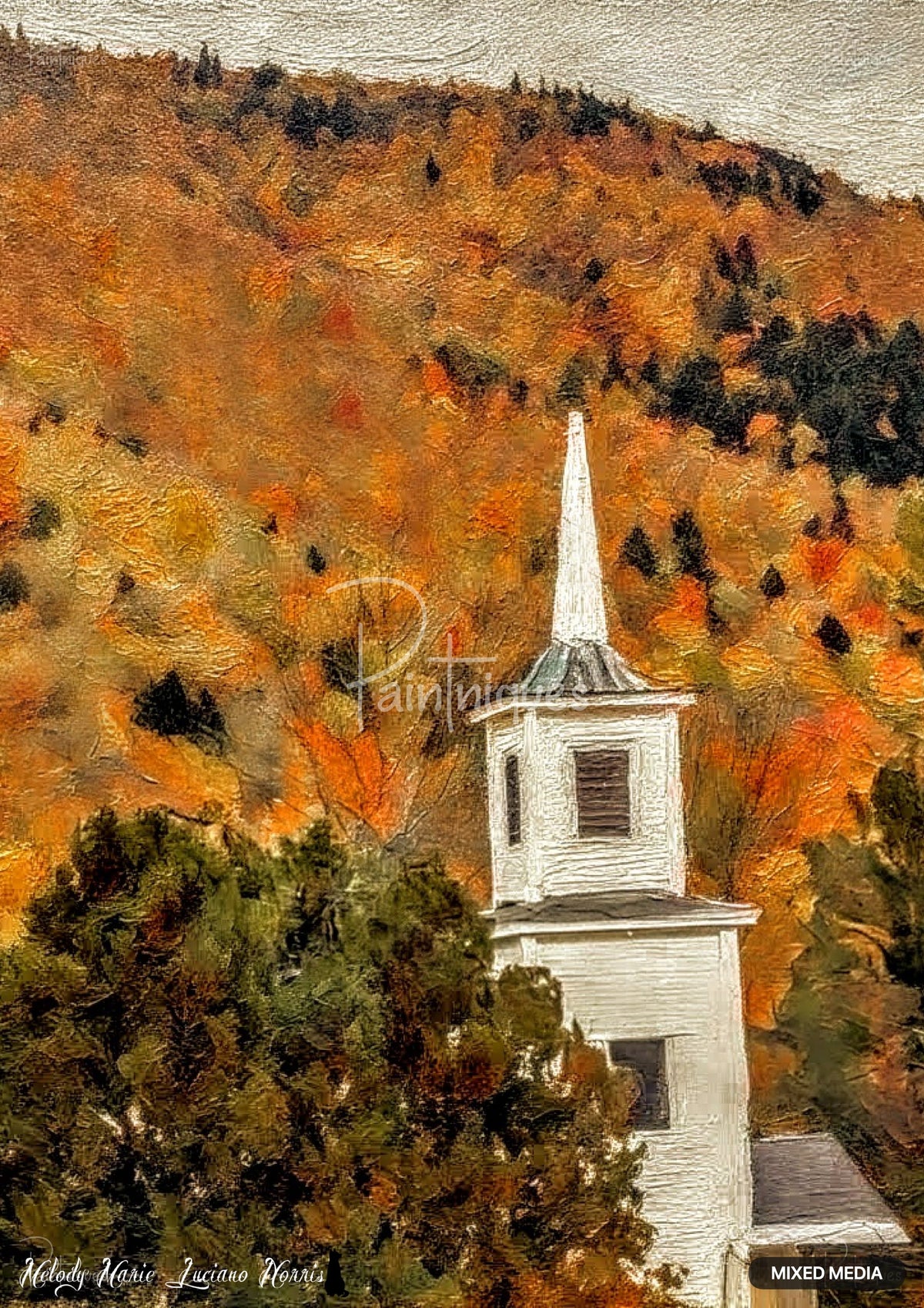 Painting of a white church steeple peeking through green trees, set against a hill covered in bright orange and brown autumn foliage.