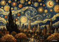 Impasto painting of a city skyline at night with a large dark cypress tree reaching into a swirling, starry blue and gold sky.