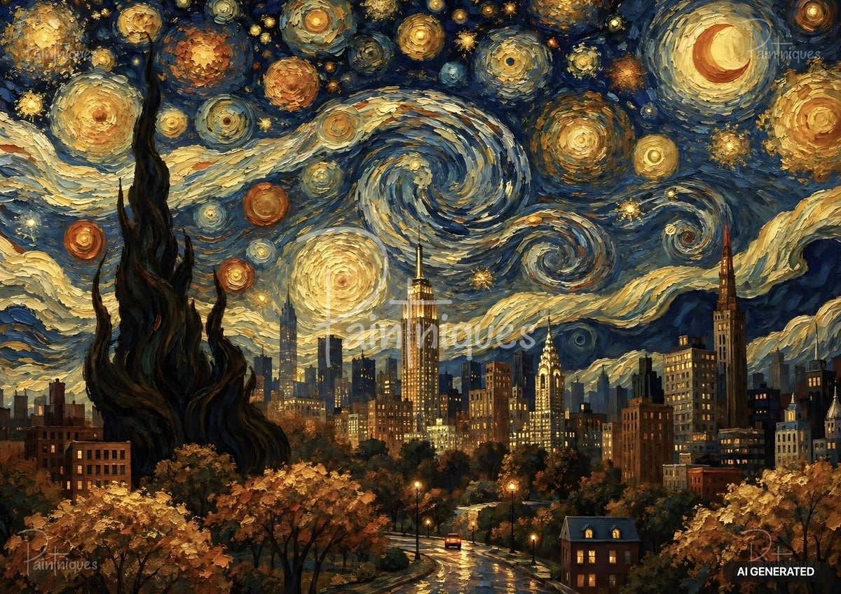 Impasto painting of a city skyline at night with a large dark cypress tree reaching into a swirling, starry blue and gold sky.