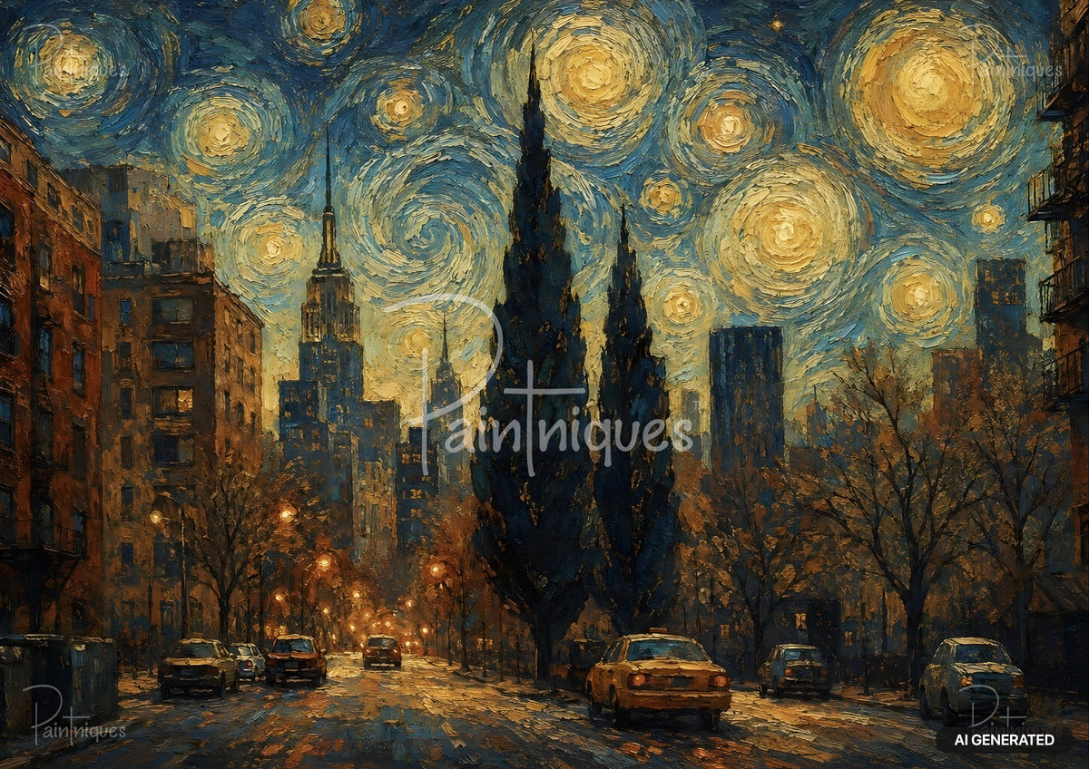 Impressionistic city scene at night with swirling yellow lights in a blue sky above buildings and street with cars.