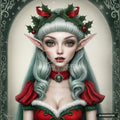 Christmas elf with pale green hair, pointed ears, a holly crown, and red dress inside an ornate arched border.