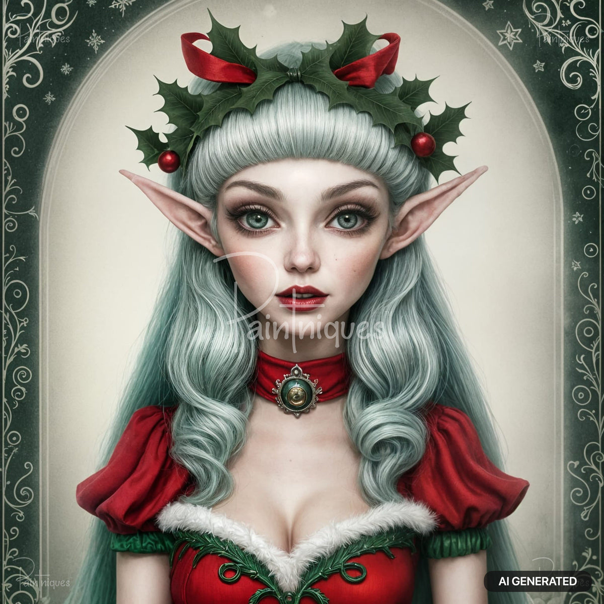 Christmas elf with pale green hair, pointed ears, a holly crown, and red dress inside an ornate arched border.