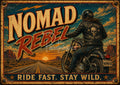 Retro poster of a motorcyclist in skull leather jacket riding toward a desert sunset with 'NOMAD REBEL' text