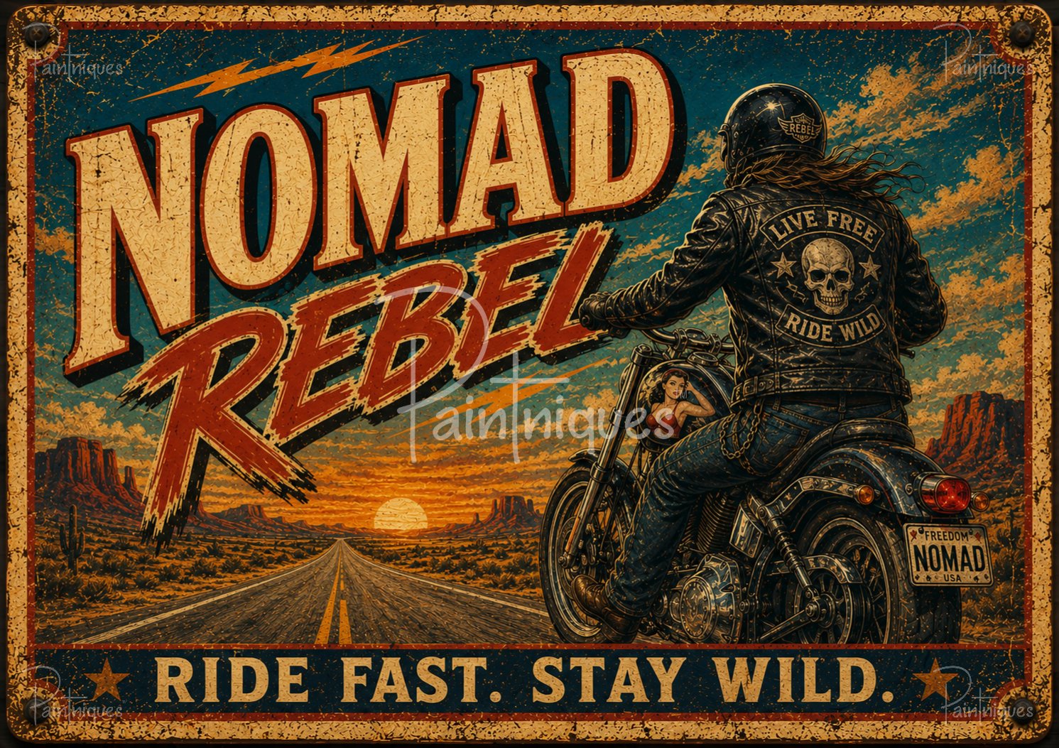 Retro poster of a motorcyclist in skull leather jacket riding toward a desert sunset with 'NOMAD REBEL' text