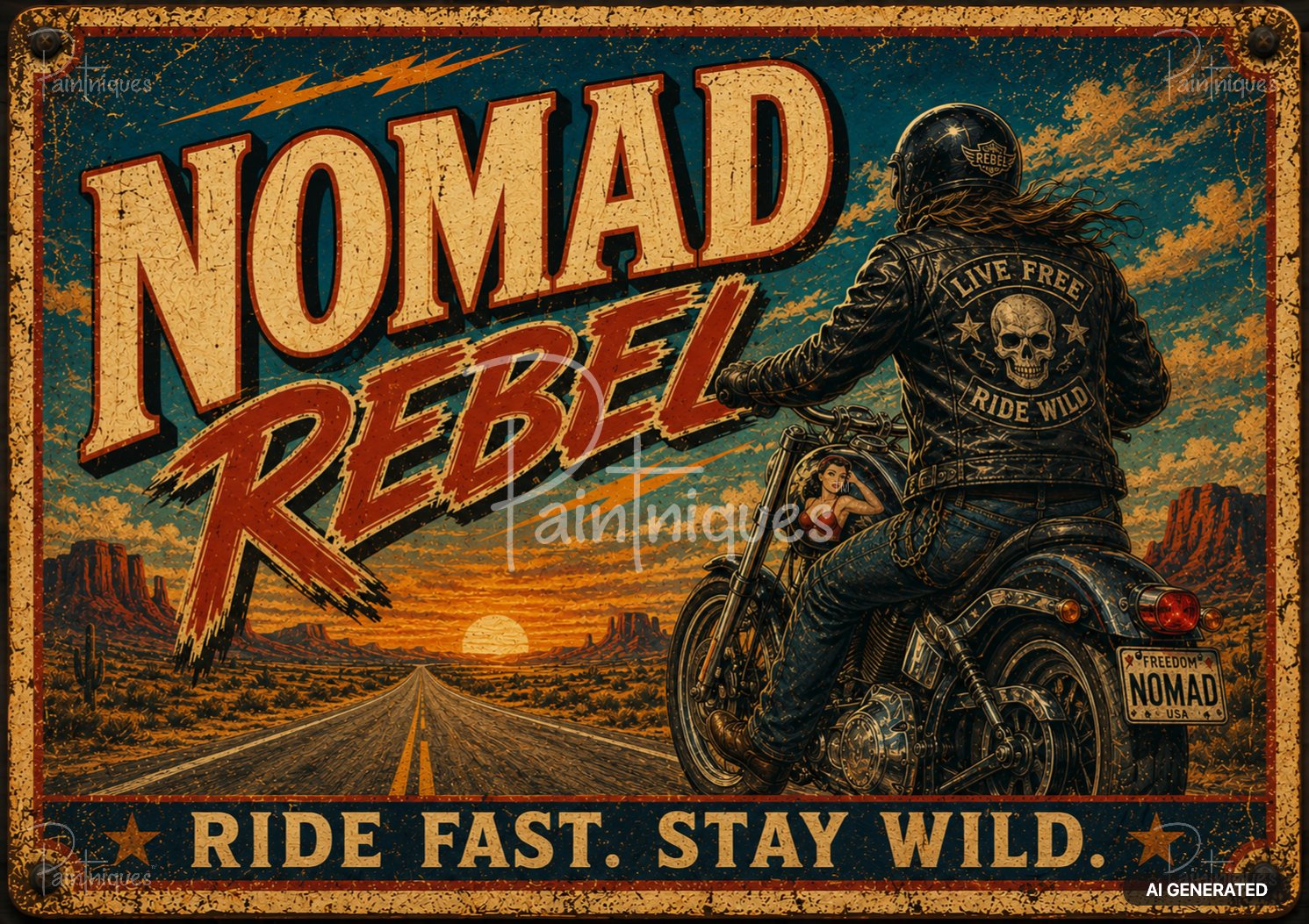 Vintage poster of a motorcycle rider in a desert at sunset. Text: "NOMAD REBEL RIDE FAST. STAY WILD."