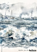 Watercolor painting of three sailboats on a stormy sea, with waves crashing and dark, textured clouds.