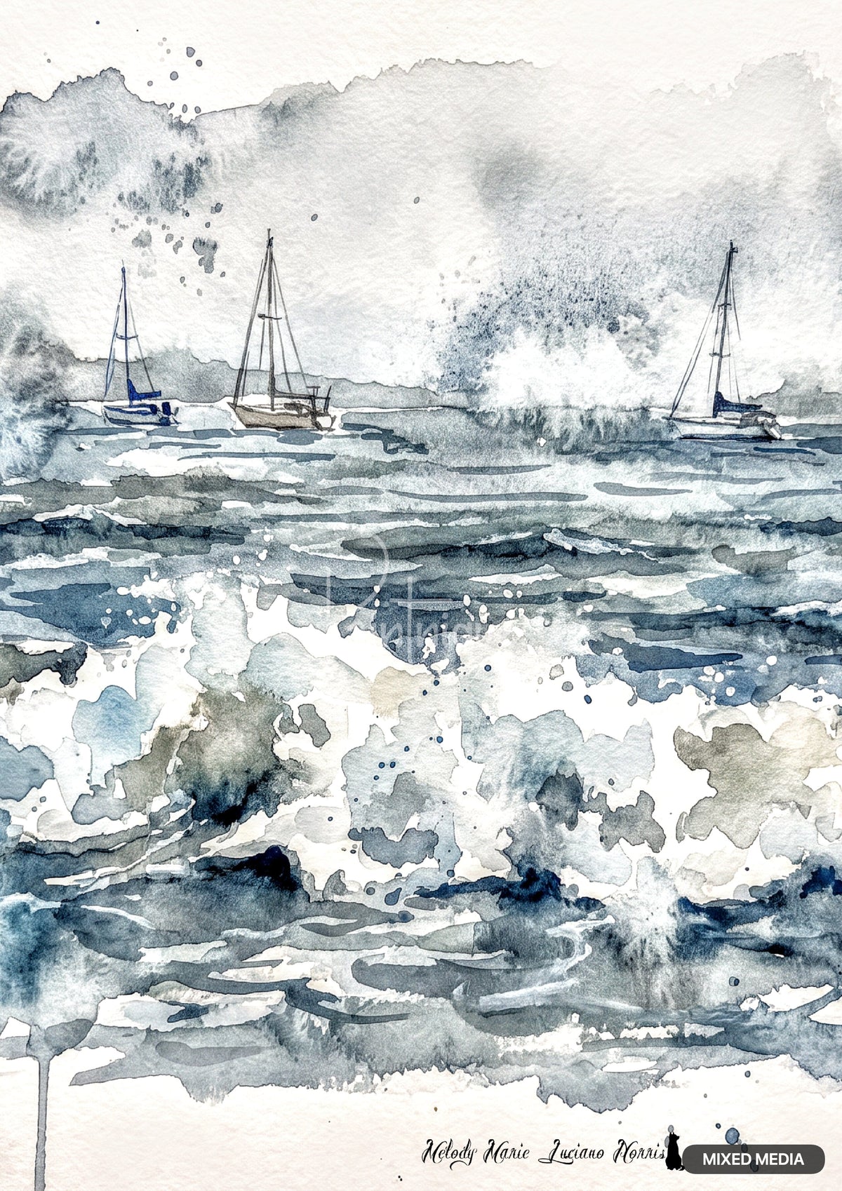 Watercolor painting of three sailboats on a stormy sea, with waves crashing and dark, textured clouds.