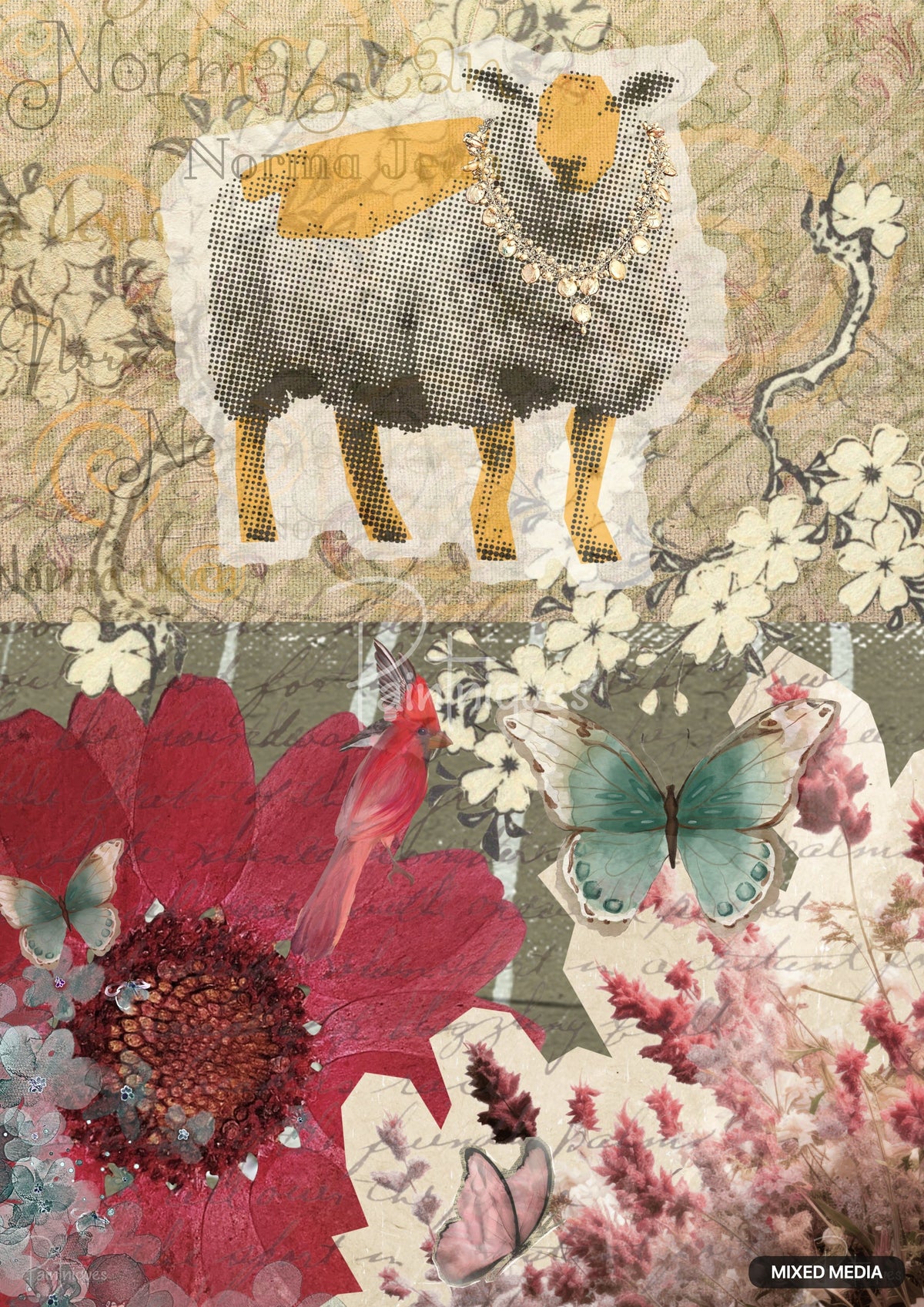 Mixed media collage with a pop-art style sheep wearing a necklace, a red cardinal, a red daisy, and butterflies.