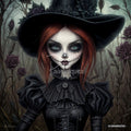 Redhead girl with pale skin, green eyes, and stitched mouth wearing a black witch hat and gothic dress. Dark roses in background.