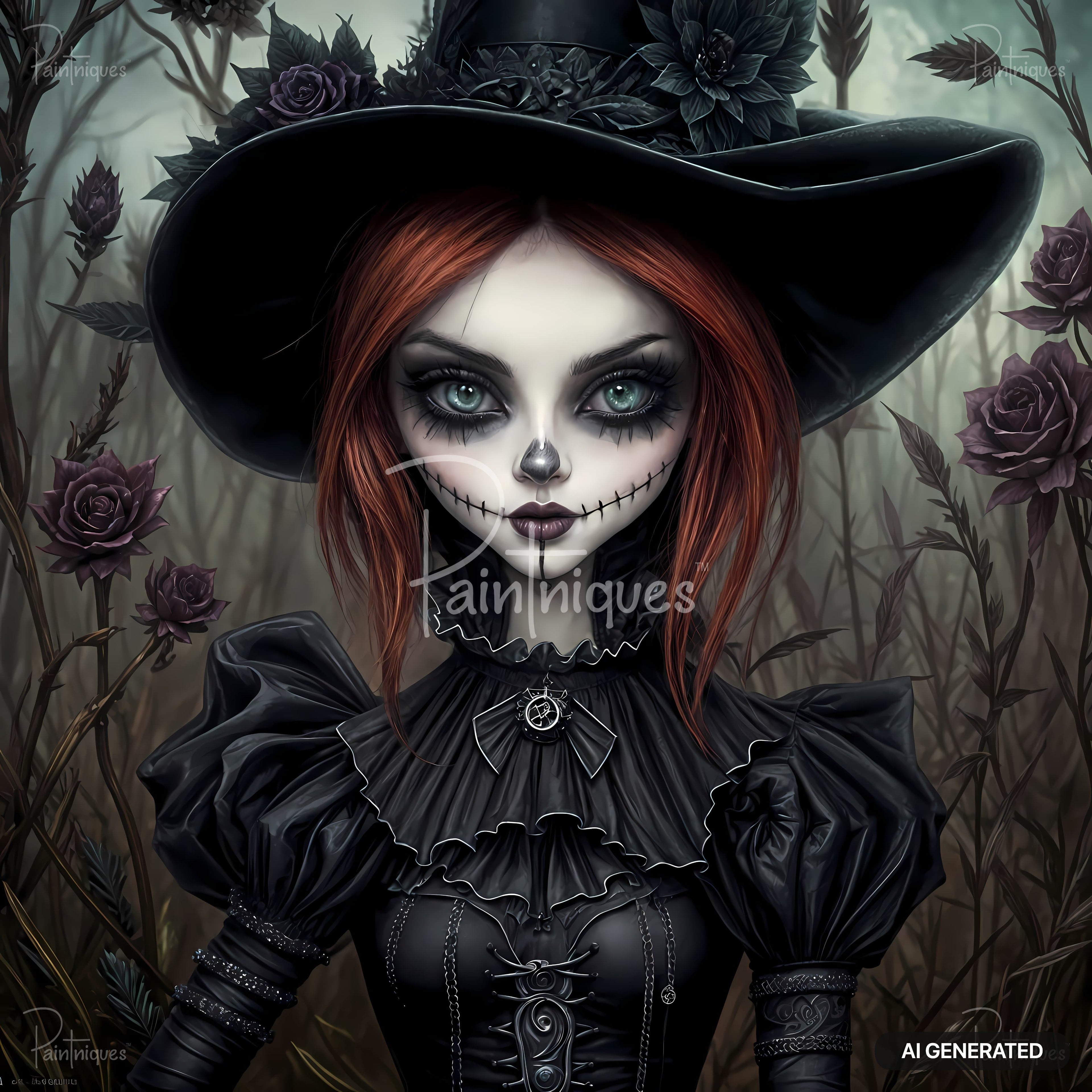 Redhead girl with pale skin, green eyes, and stitched mouth wearing a black witch hat and gothic dress. Dark roses in background.