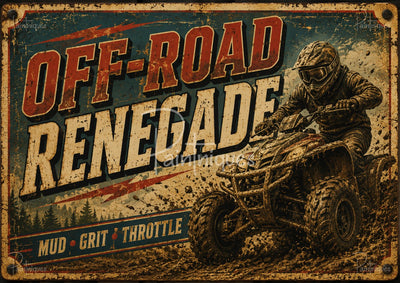 Helmeted rider on a muddy ATV splashing dirt in a distressed vintage poster reading OFF-ROAD RENEGADE and MUD GRIT THROTTLE.