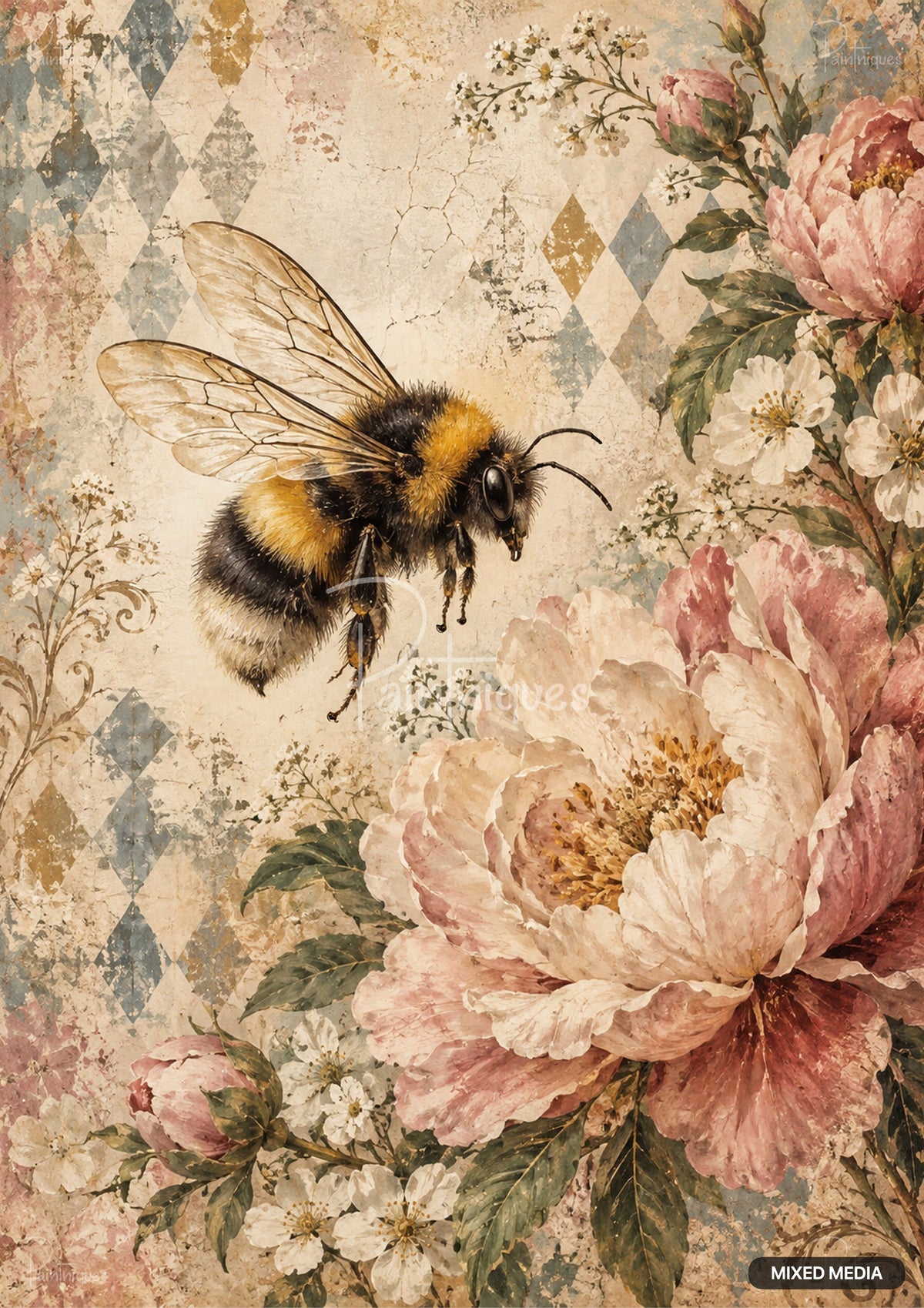 A fuzzy bumblebee hovering near pink peonies and white flowers on a textured, diamond-patterned background.