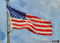 Oil painting of a US flag flying against a light blue sky, with visible brushstrokes creating texture on the flag and sky.