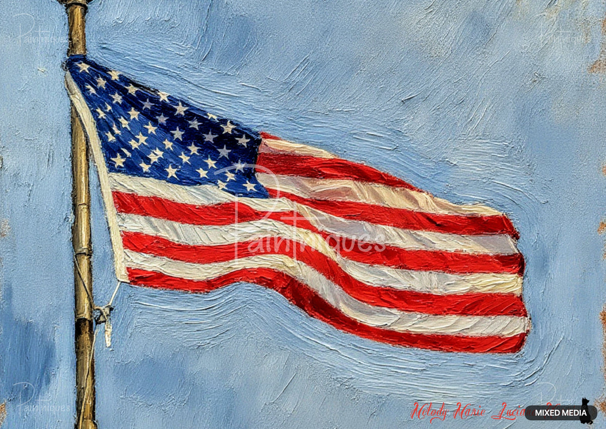 Oil painting of a US flag flying against a light blue sky, with visible brushstrokes creating texture on the flag and sky.