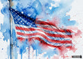 Wavy watercolor painting of an American flag on a pole, with blue, red, and white paint splatters on the background.