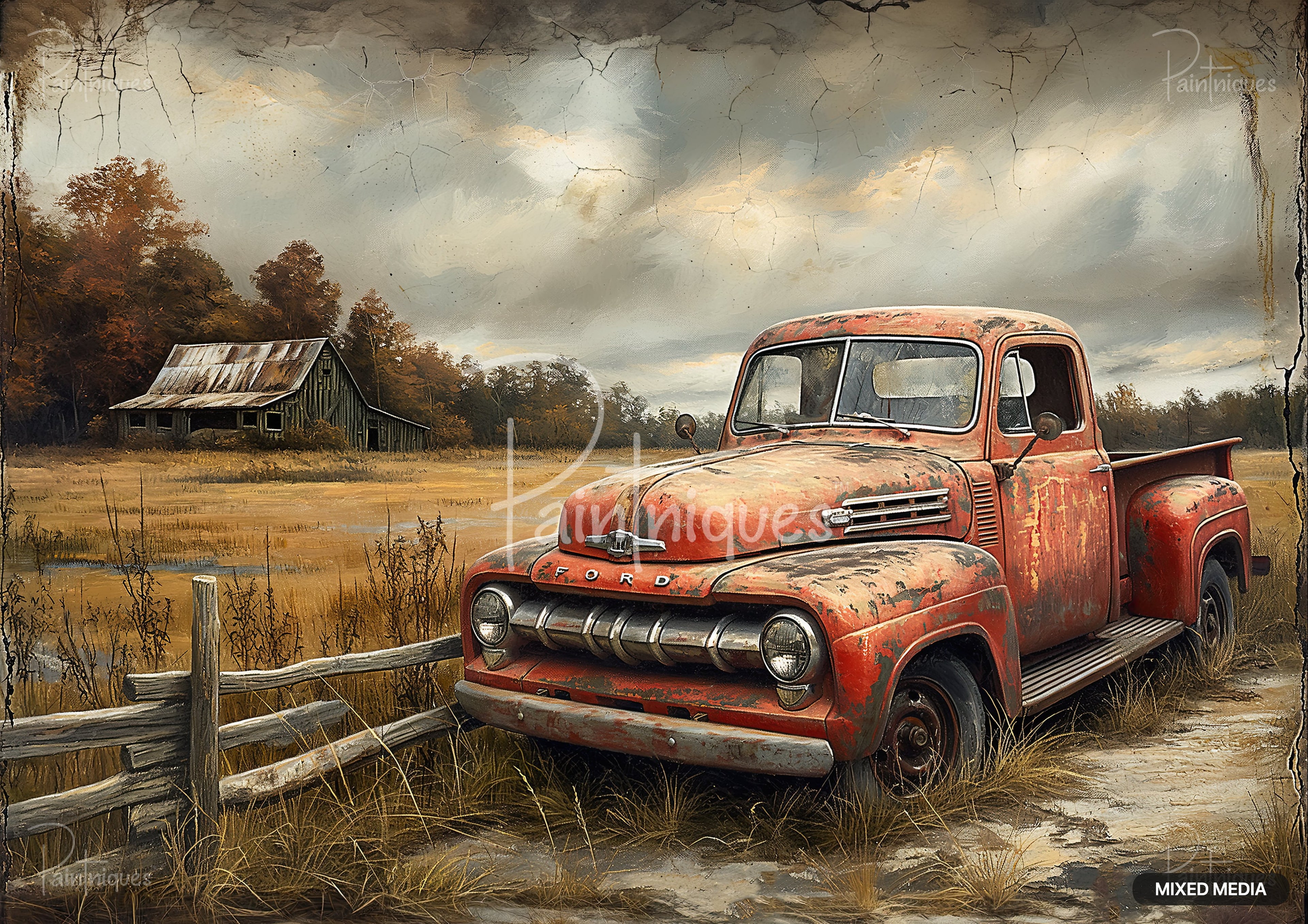 An old, rusted orange pickup truck parked beside a wooden fence in a field with a barn in the background.