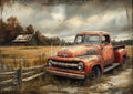 Rusty red pickup beside a wooden fence in a golden field with an old barn and autumn trees beneath a cracked cloudy sky.