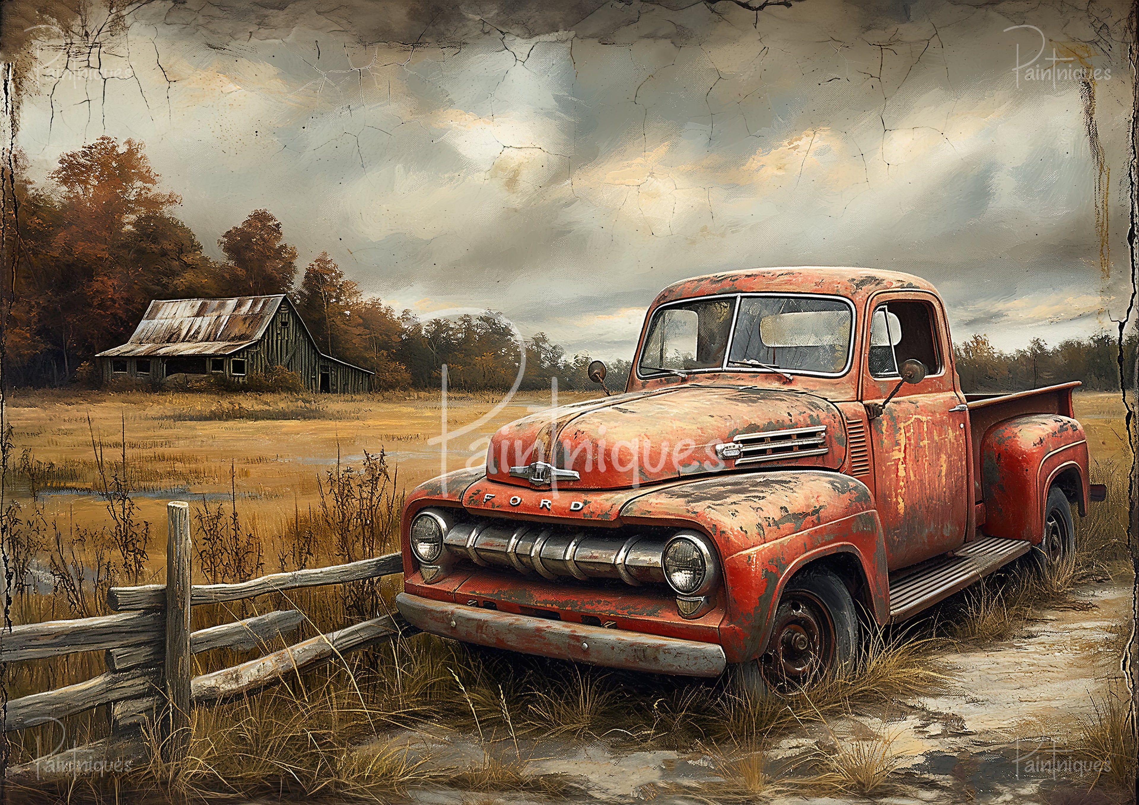 Rusty red pickup beside a wooden fence in a golden field with an old barn and autumn trees beneath a cracked cloudy sky.