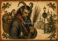 Horned, bearded creature with a basket of toys and bell, holding sticks. Snow-covered village with Christmas tree and lamppost.