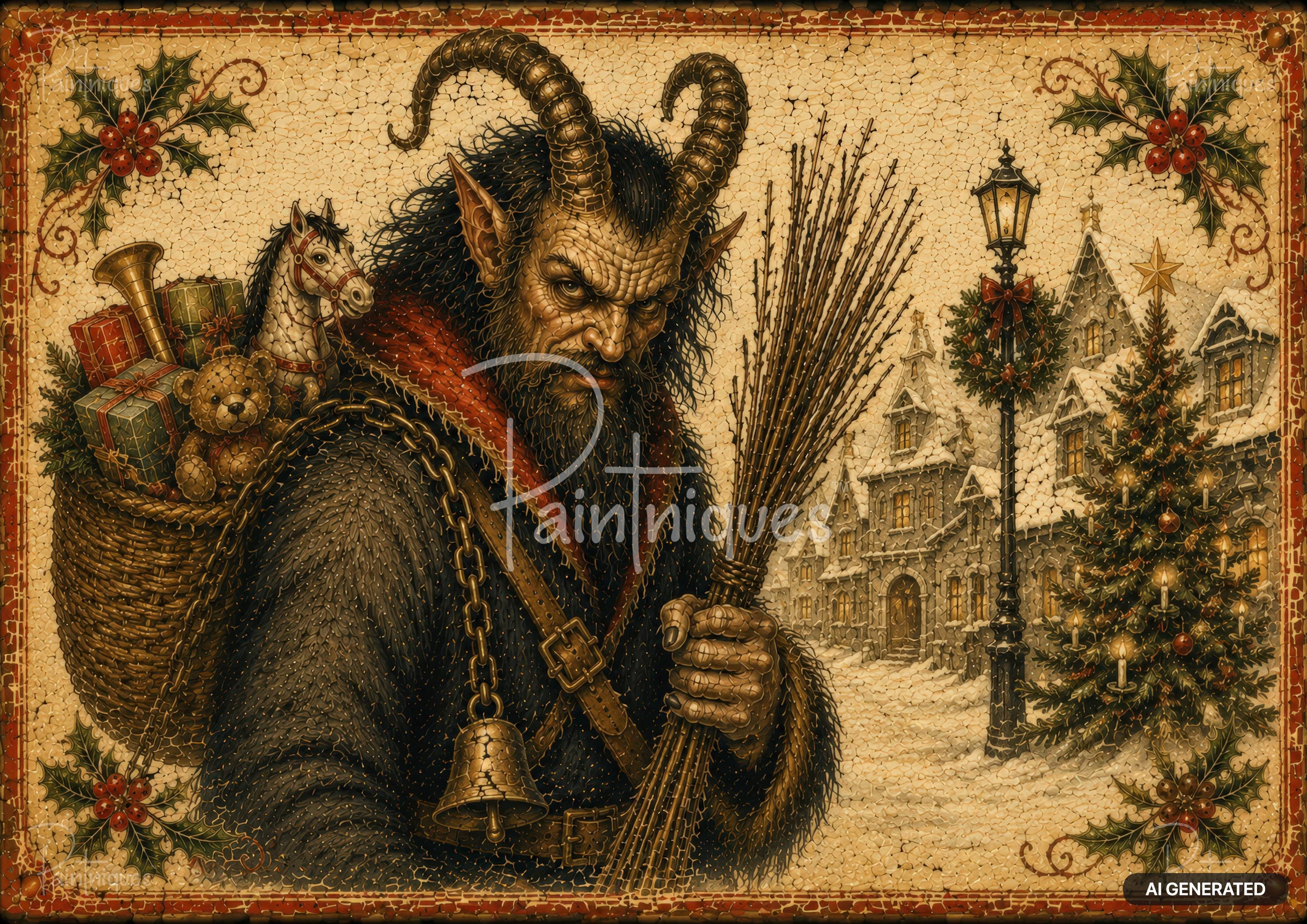 Horned, bearded creature with a basket of toys and bell, holding sticks. Snow-covered village with Christmas tree and lamppost.
