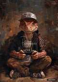 A dinosaur character in a white baseball cap, black hoodie, and khaki pants playing a video game controller.