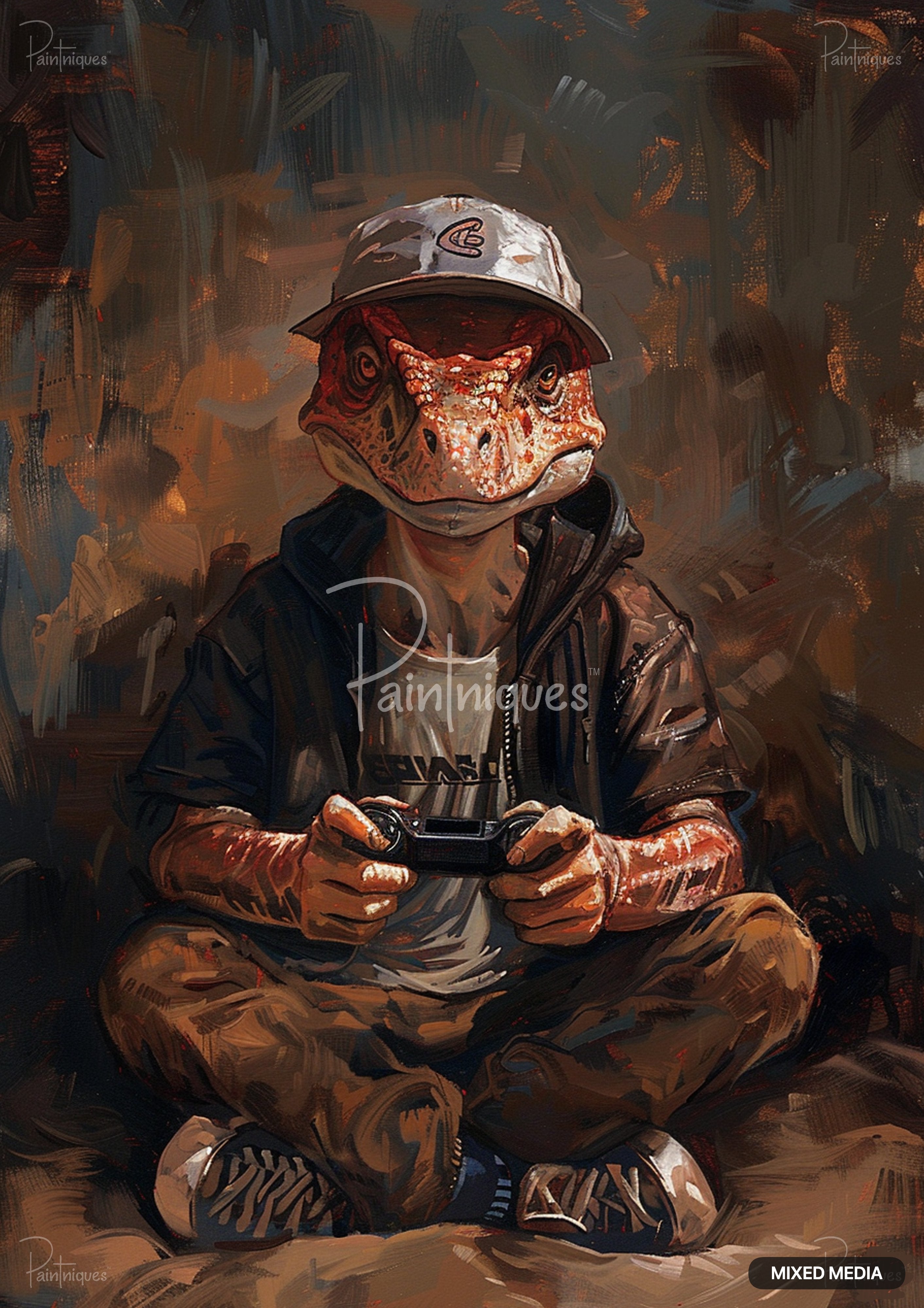 A dinosaur character in a white baseball cap, black hoodie, and khaki pants playing a video game controller.