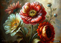 Vibrant painting of three large flowers: a red-orange bloom with yellow center, a white flower, and a dark red flower. Two buds.