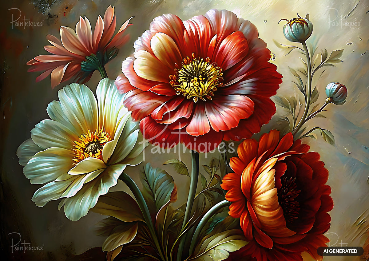 Vibrant painting of three large flowers: a red-orange bloom with yellow center, a white flower, and a dark red flower. Two buds.