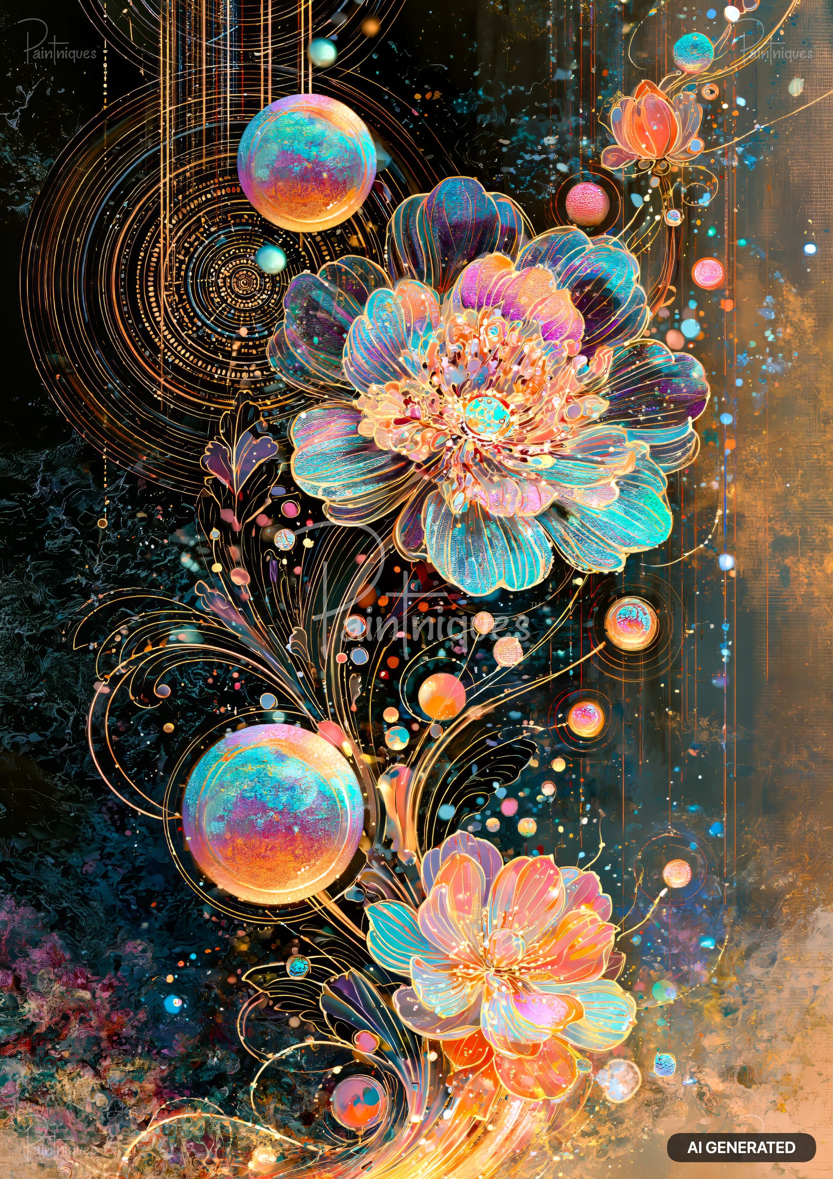Luminescent flowers with gold outlines and swirling details. Multiple iridescent spheres and sparkling dots float on a dark background.