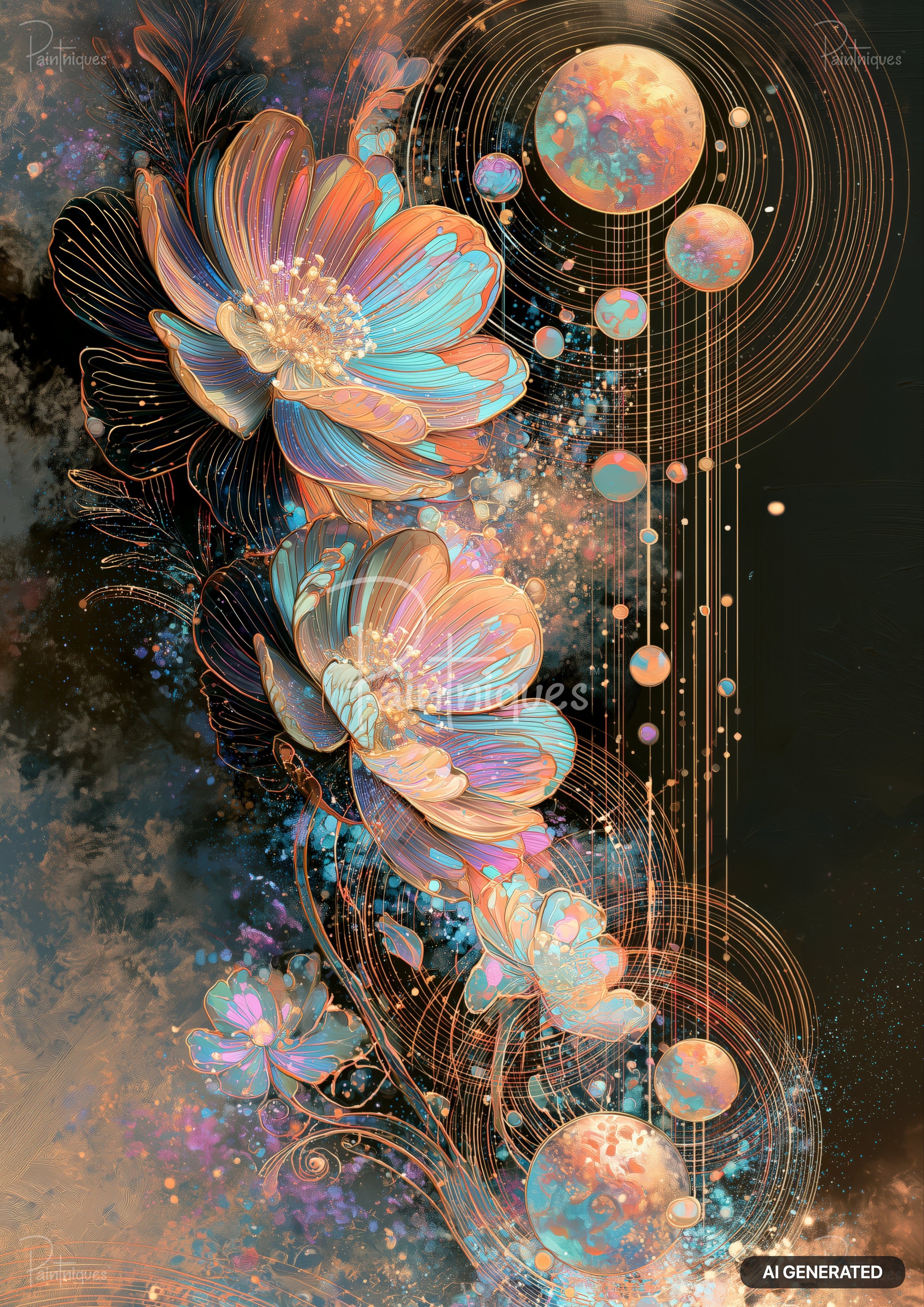 Stylized flowers with glowing petals in orange, blue, and purple hues, on a dark background with swirling lines and abstract circles.