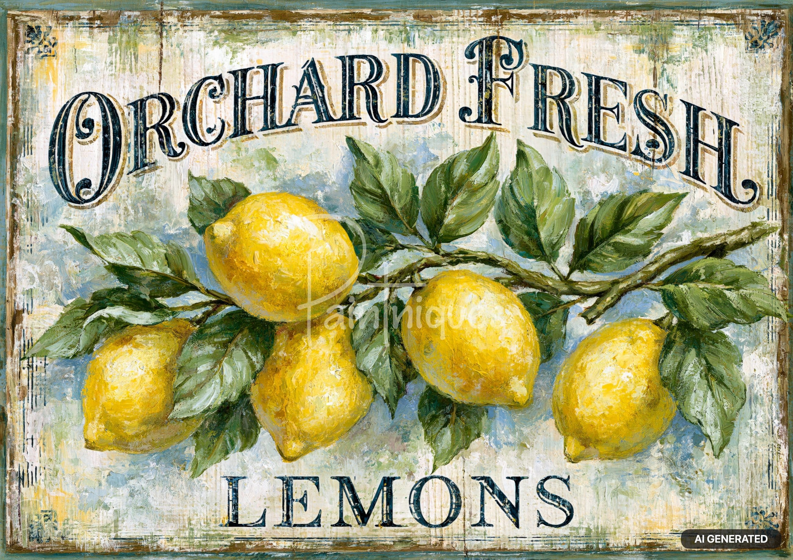 An antique-style painting of lemons on a branch, with "ORCHARD FRESH" and "LEMONS" text.